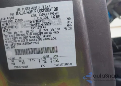 2005 Mazda Tribute S z USA, uszkodzony, nr VIN 4F2YZ04155KM18223